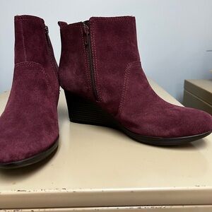 Clarks Burgundy Suede Ankle Booties